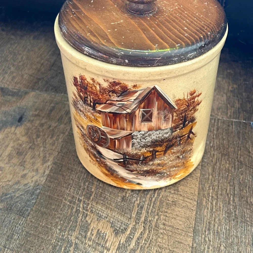 Vintage RRP Co Roseville Ohio Stoneware Canister with Wood Lid Water Mill Barn